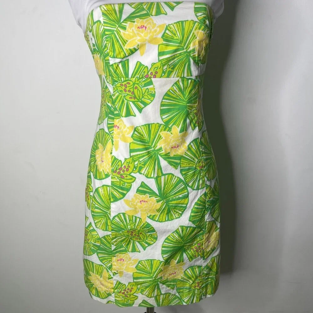 Lilly Pulitzer Franco Strapless Dress Hip Hop Hooray Frog Lily Pad Green Sz 0 - Picture 2 of 12